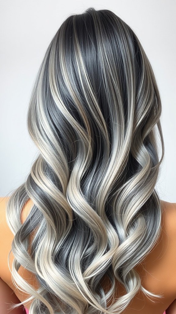 A beautiful charcoal to platinum silver ombre hairstyle with soft waves.