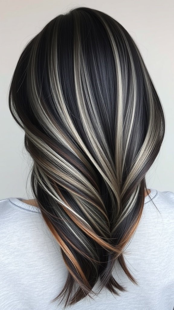A hairstyle featuring a blend of dark hair transitioning to silver highlights.