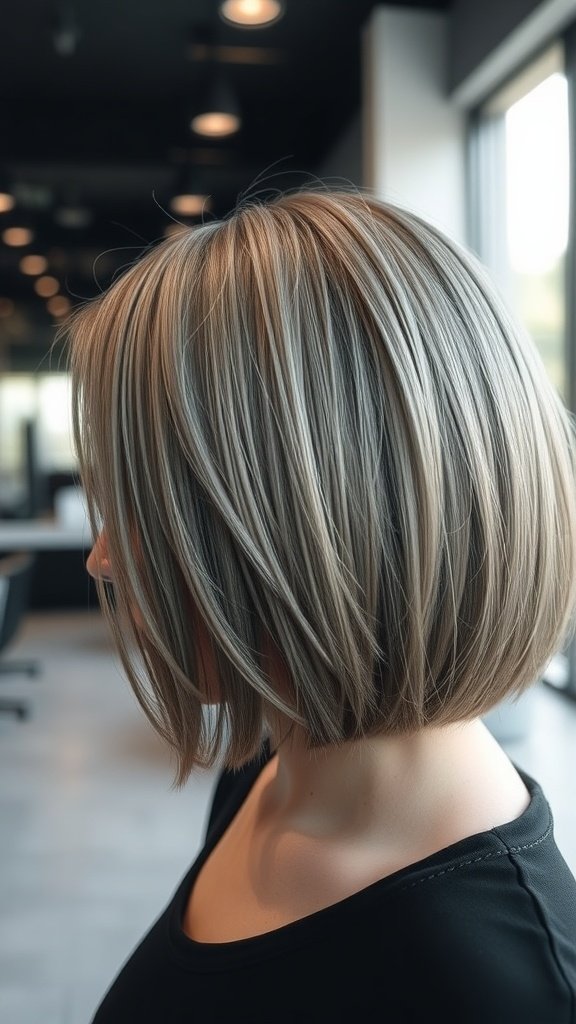 Chin-length bob hairstyle with a tapered nape, showcasing sleek lines and subtle layers.