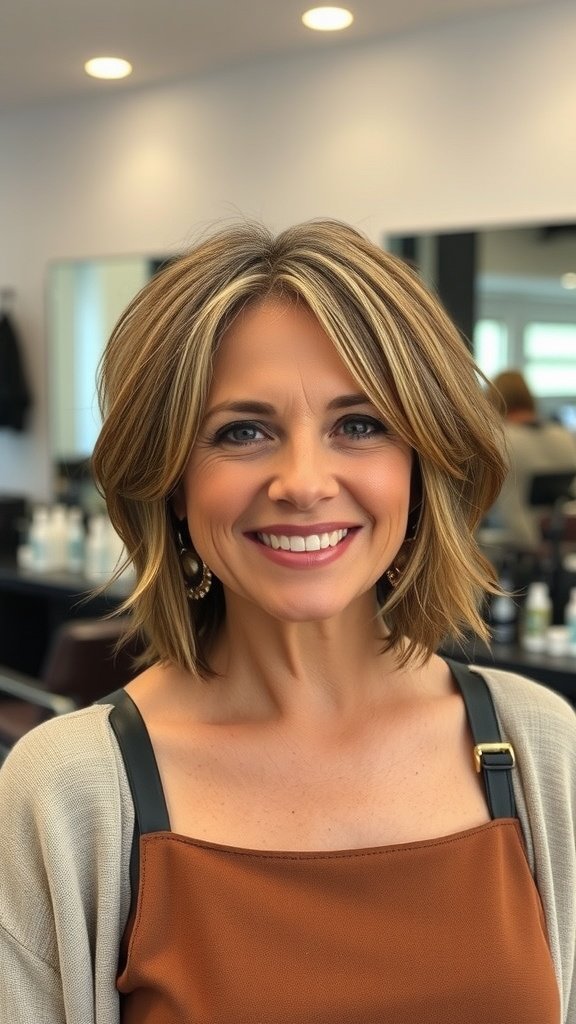 A woman with a choppy layered mid-length hairstyle, smiling confidently.