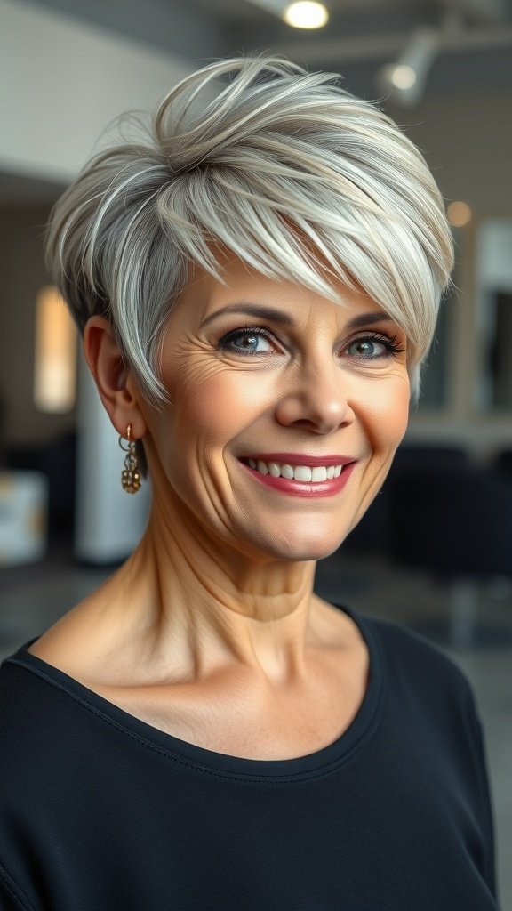 A smiling older woman with a choppy pixie hairstyle and textured crown, showcasing a stylish and modern look.