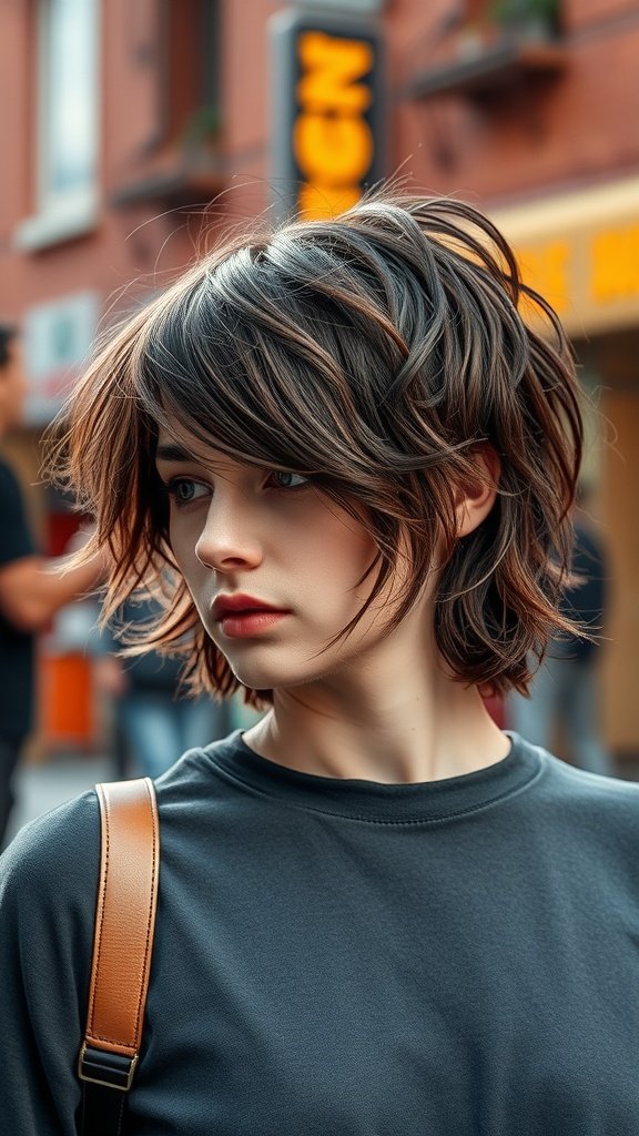 A person with a chunky-layered shag haircut, showcasing dramatic volume and texture.