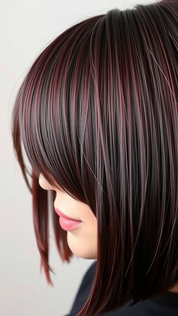 A close-up of a woman with straight-cut hair dyed in a classic Bordeaux color.