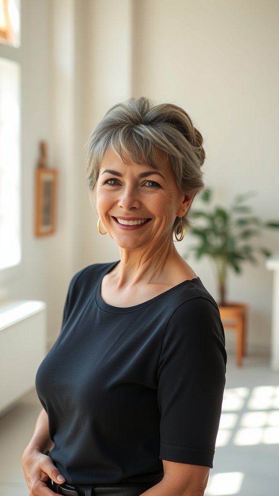A woman over 60 with a classic bun and short fringe, smiling in a bright indoor setting.