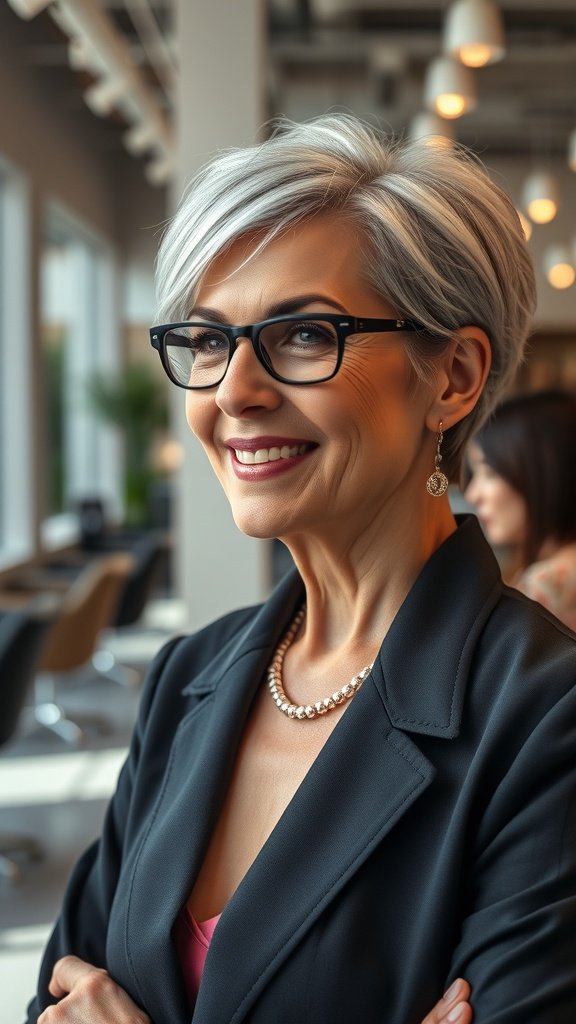 A woman with a classic cap cut hairstyle, wearing glasses and elegant jewelry, smiling confidently.