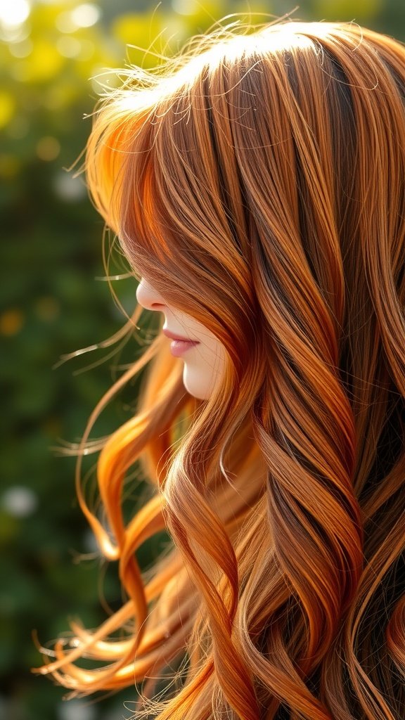 A side profile of a woman with long, wavy copper hair illuminated by sunlight.