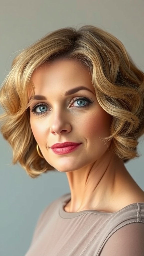 A woman with a curly bob hairstyle featuring honey blonde highlights, showcasing a fresh and youthful look.