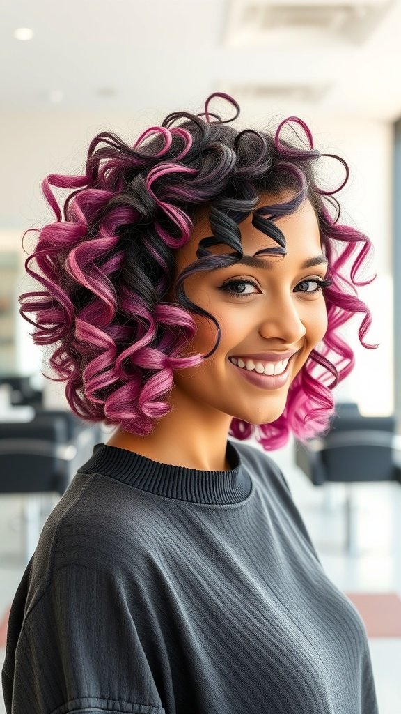 A woman with a curly bob hairstyle featuring ringlet highlights, smiling in a salon setting.