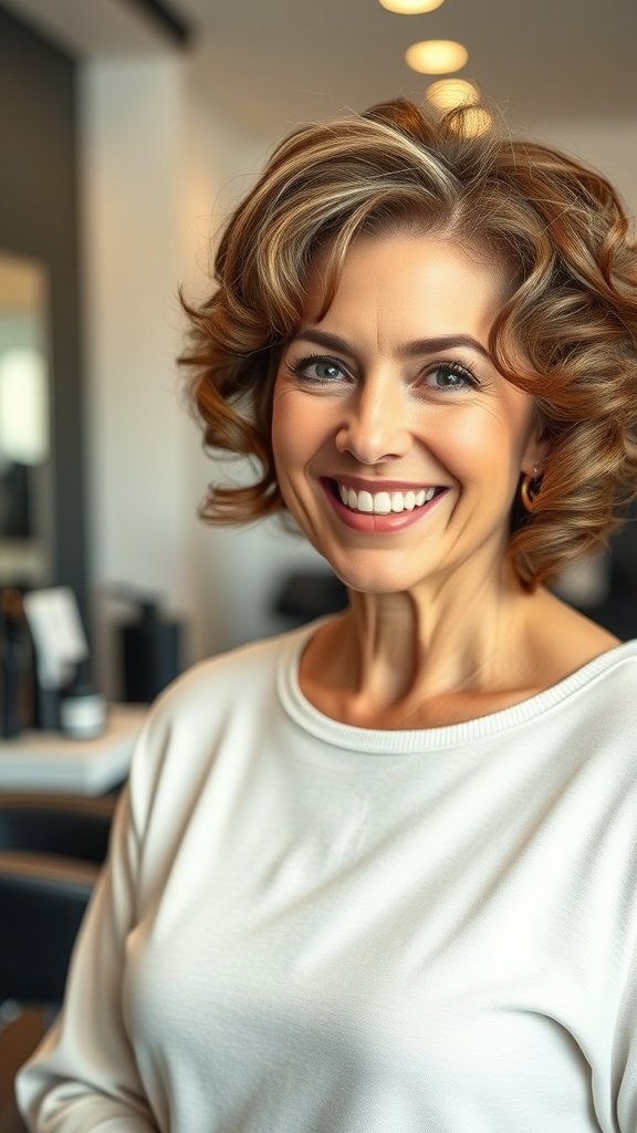 A smiling woman with a curly side-parted bob hairstyle, wearing a white top in a salon setting.