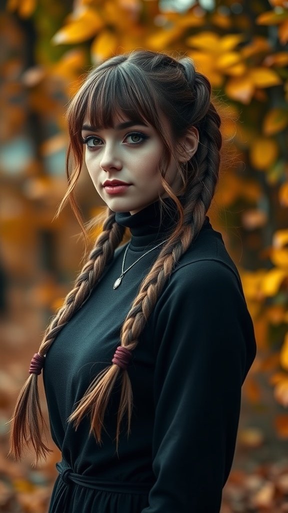 A young woman with curtain bangs and two braids, set against a warm autumn backdrop.