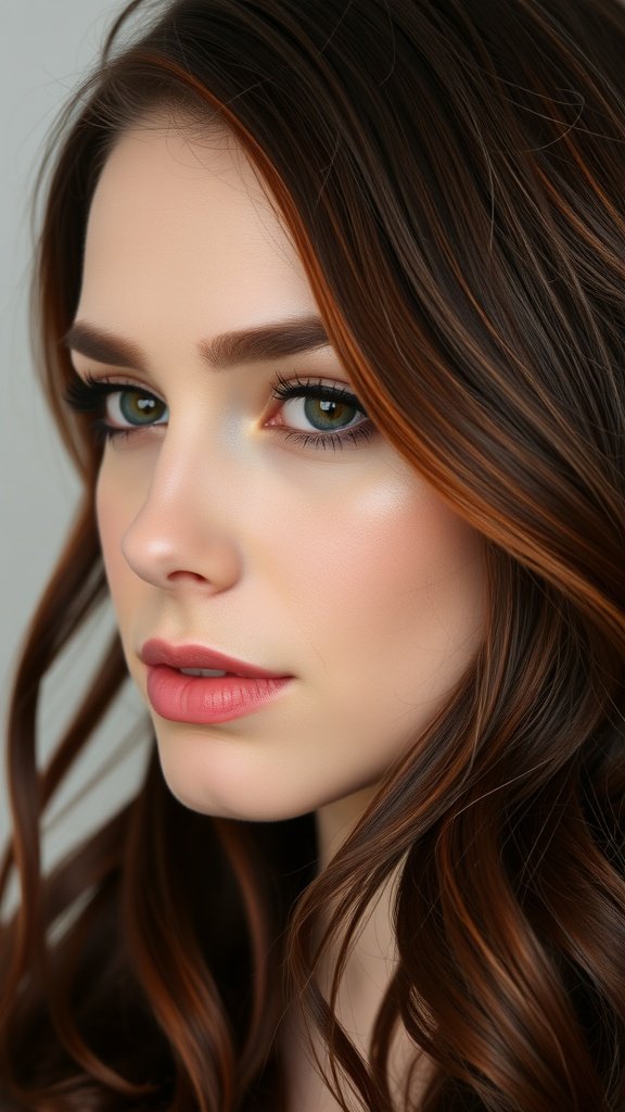 A close-up of a woman with dark brown hair featuring soft red undertones, styled in loose waves.