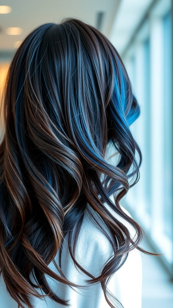 Dark brown hair with vibrant electric blue highlights, styled in loose waves.