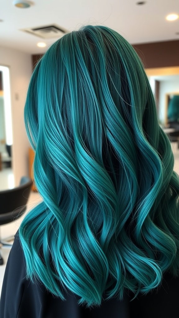 A hairstyle featuring deep teal hair with aqua money piece highlights, showcasing vibrant colors and waves.