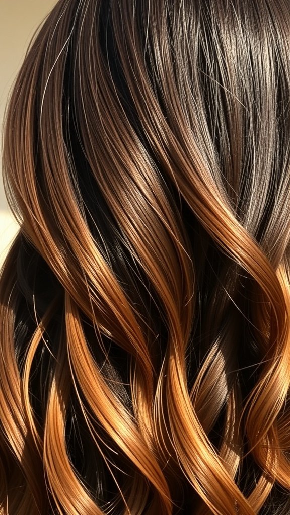 Dark brown hair with caramel highlights styled in soft waves