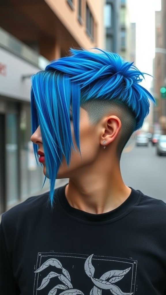 A person with an edgy razor-cut mid-length hairstyle featuring electric blue highlights, standing in an urban setting.