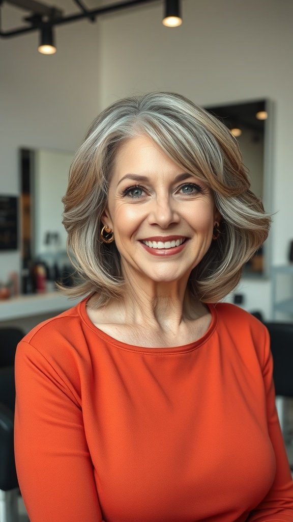 A woman with medium-length feathered layers smiling in a salon setting.