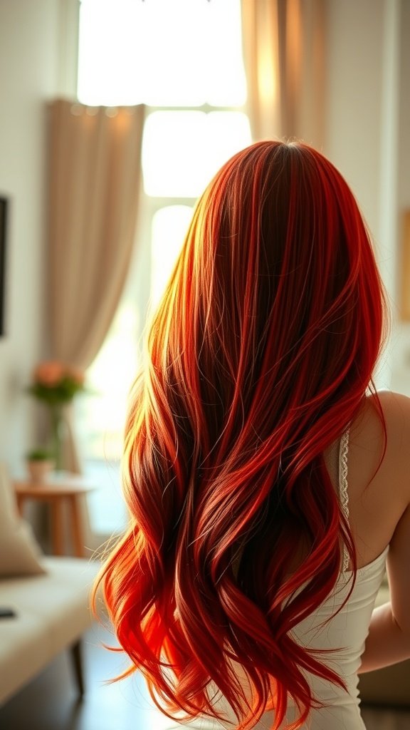 A person with long, flaming red ombre hair, showcasing vibrant colors and flowing locks.