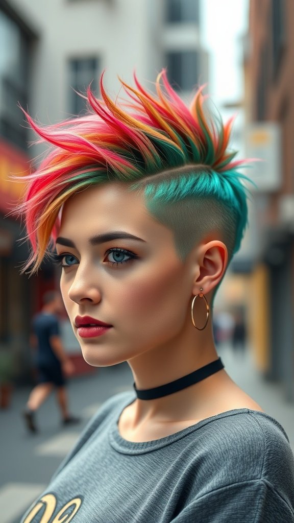 A young person with a funky mohawk-inspired pixie cut featuring vibrant pink and teal colors, complemented by wispy bangs.