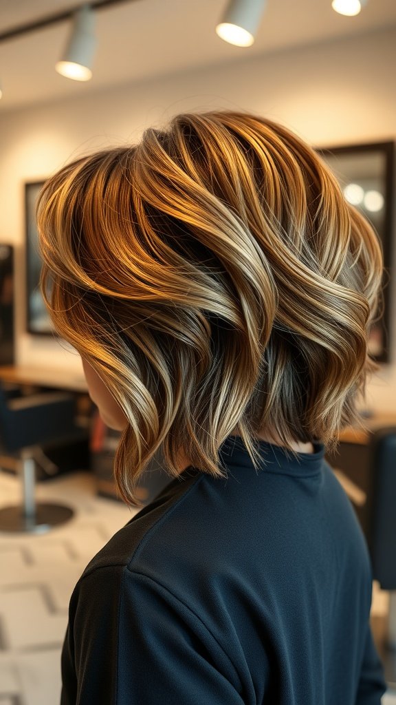 A stylish glam shag hairstyle with Hollywood waves, showcasing soft, flowing layers and warm tones.