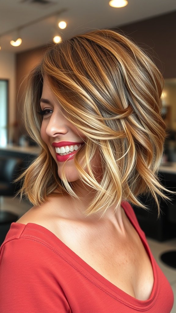 A woman with a graduated lob hairstyle featuring a stacked back, showcasing soft waves and a warm honey blonde color.