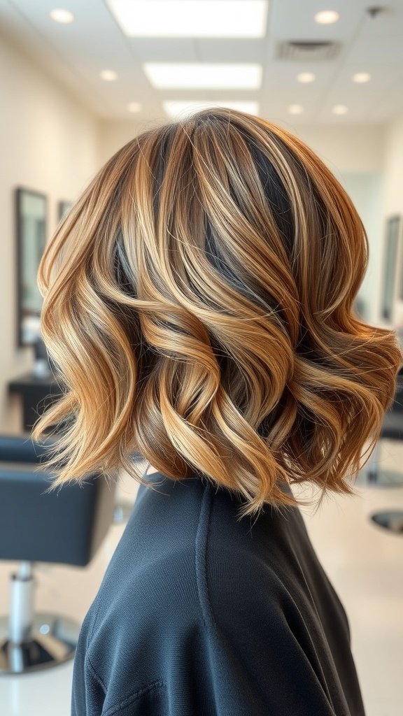 A stylish half-up bob hairstyle featuring soft curls, showcasing a blend of colors and texture.