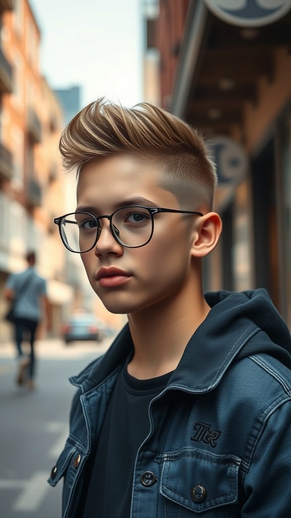 Teenage boy with a high top haircut and fade line, wearing glasses and a denim jacket.