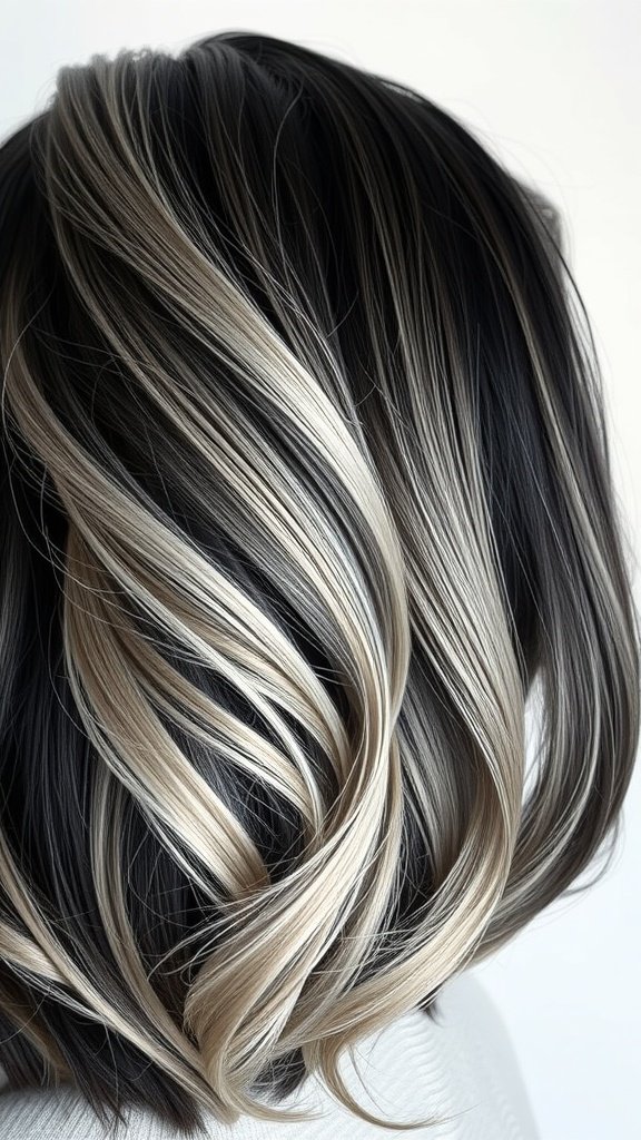Inky black hair with silver ash blonde highlights, showcasing a beautiful contrast and texture.