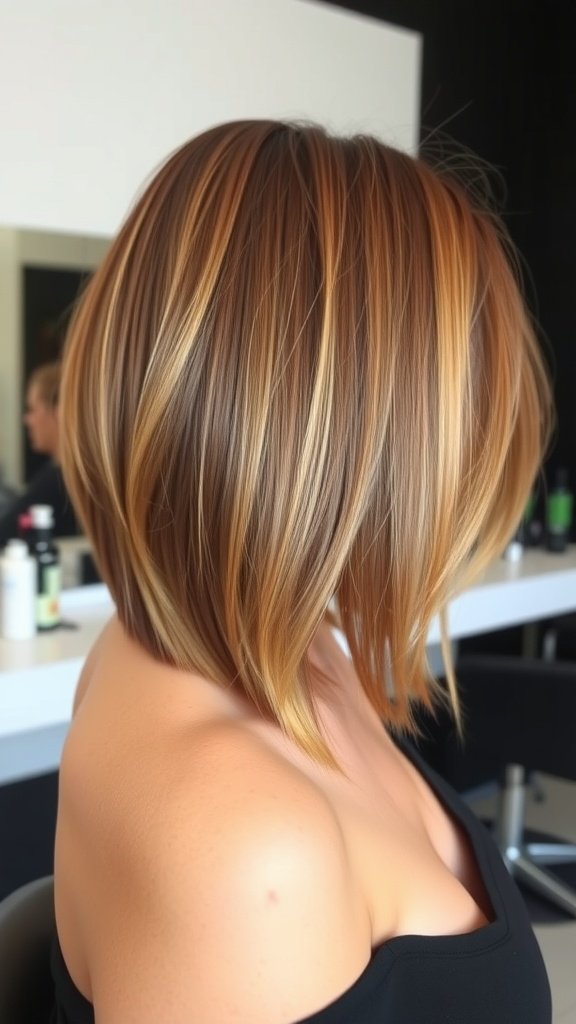Inverted lob haircut with caramel streaks