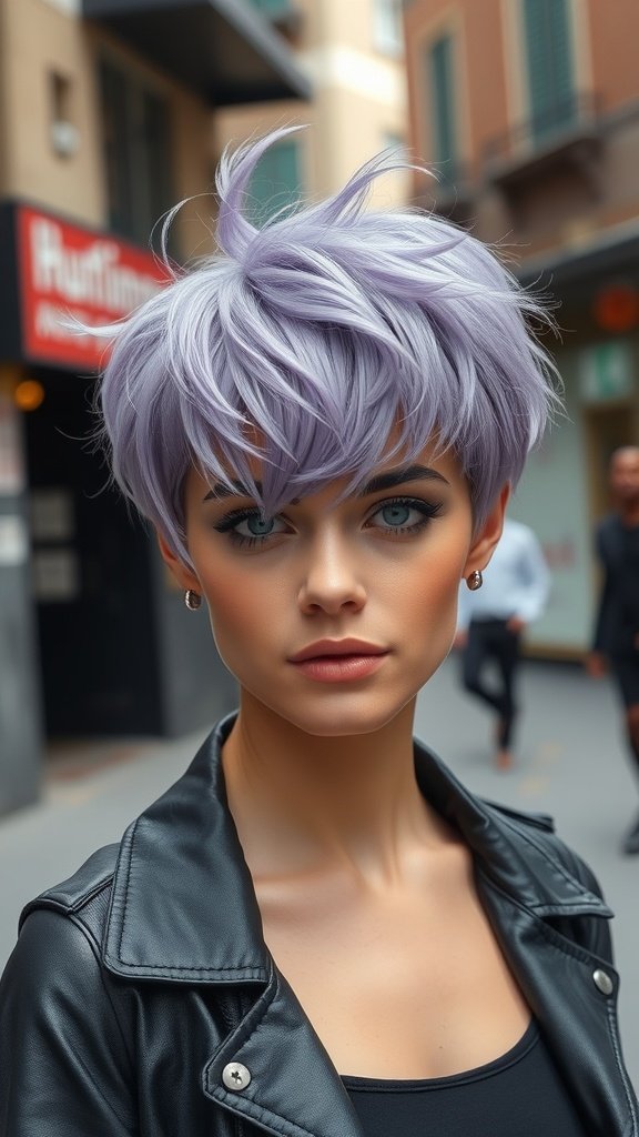 A model with a lavender shaggy pixie cut, wearing a black leather jacket, standing on a city street.