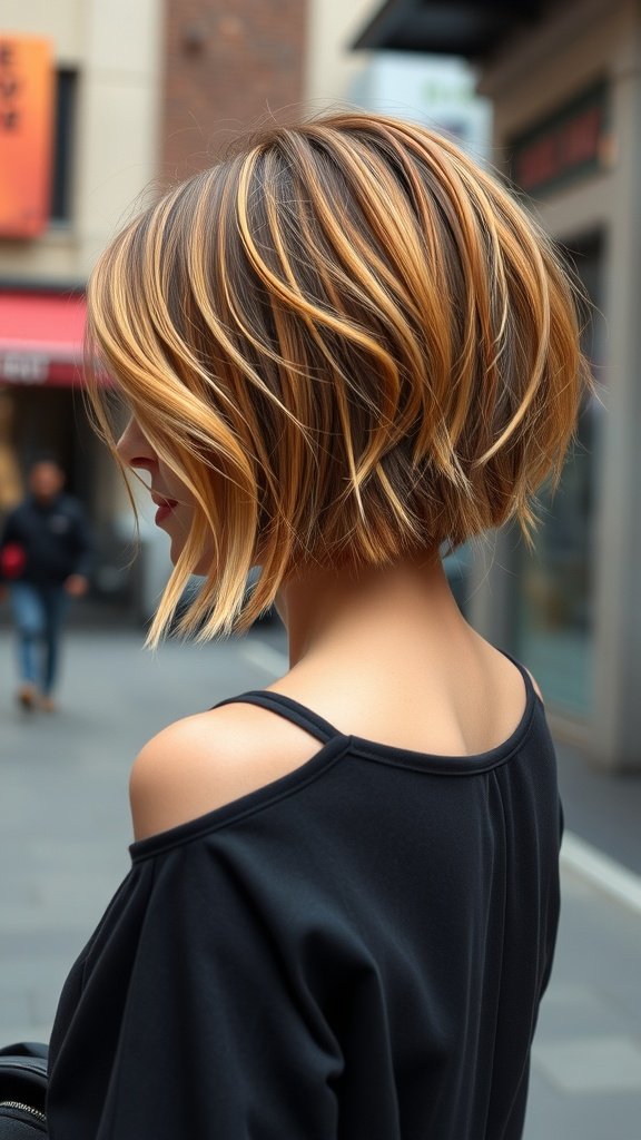 A stylish layered undercut bob with choppy texture, showcasing soft waves and a modern look.