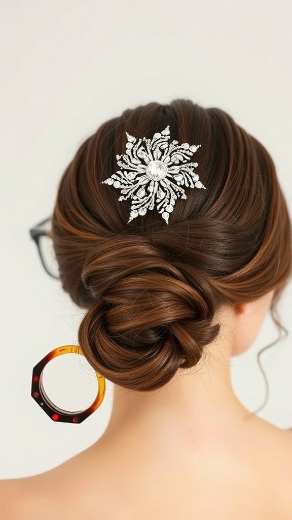A low chignon hairstyle with a decorative pin, showcasing elegance and style.