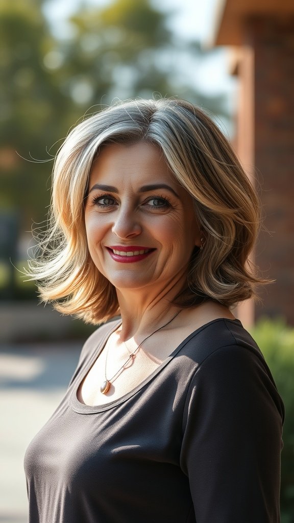 A woman with medium-length hair styled in face-framing layers, smiling outdoors.