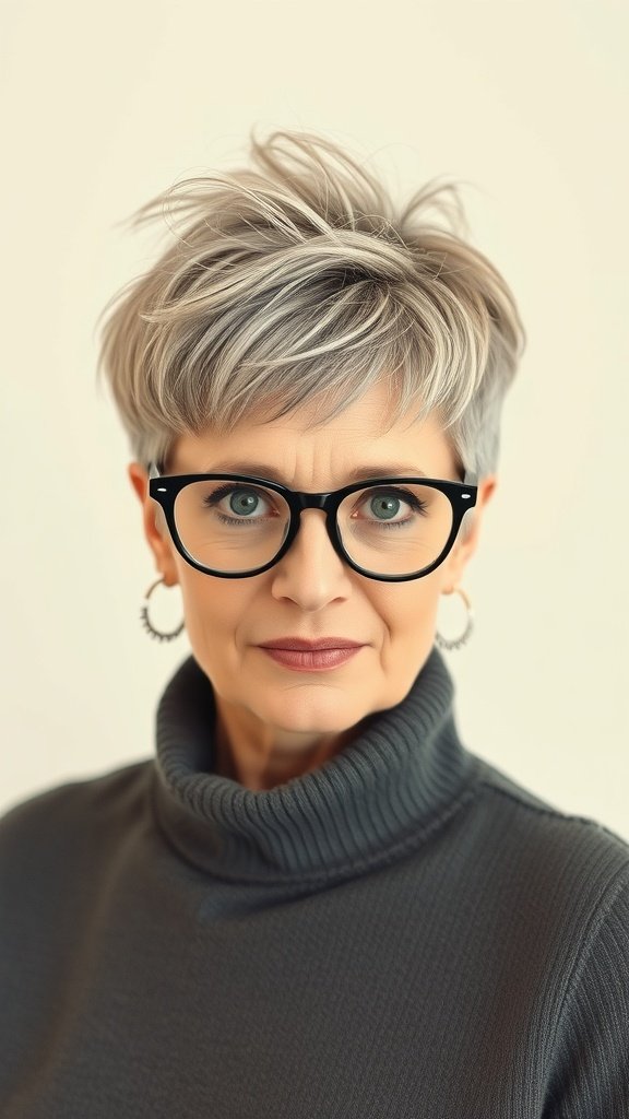 A woman with a messy pixie hairstyle and glasses, wearing a turtleneck sweater.