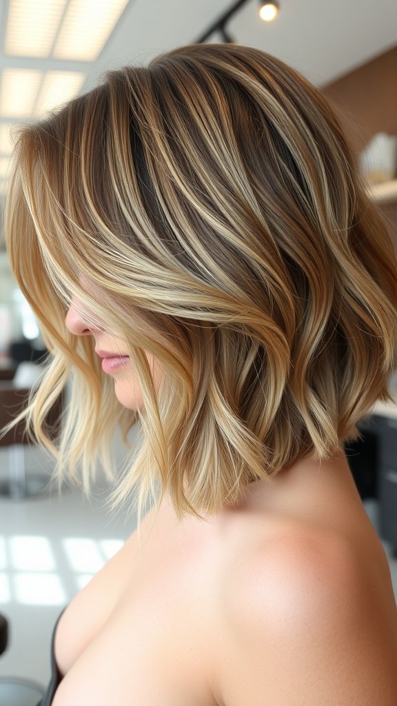 Mid-length hairstyle with swooping layers, showcasing volume and movement.