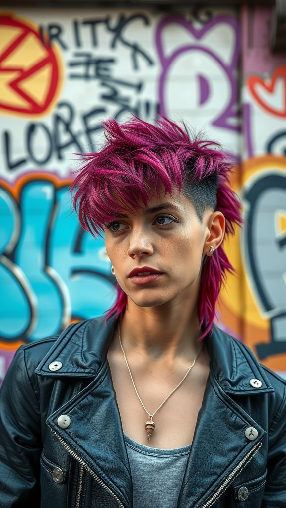 A person with a mullet-inspired shag haircut featuring vibrant pink hair, wearing a leather jacket against a colorful graffiti background.