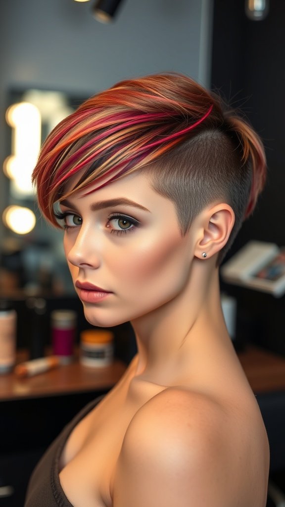 A stylish pixie cut with shaved sides and vibrant colored hair.