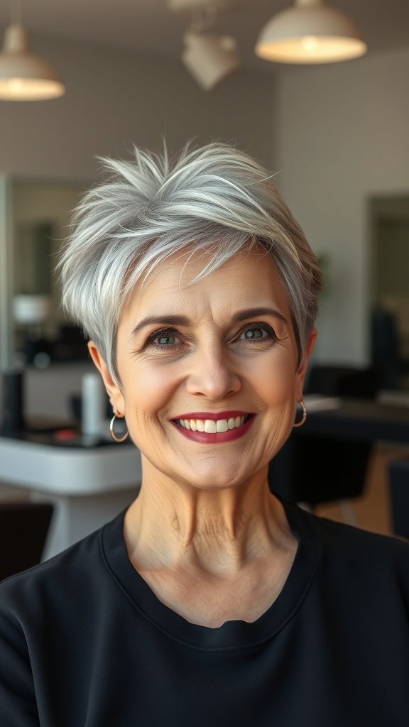 A smiling older woman with a pixie haircut featuring a spiky crown, showcasing a stylish and youthful appearance.