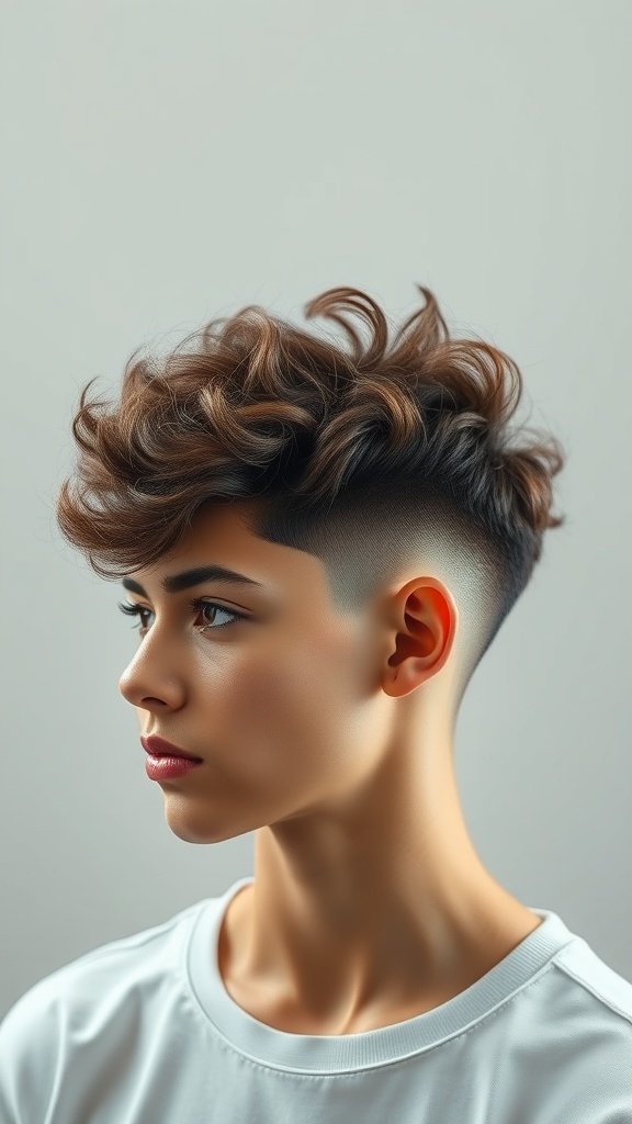 A stylish pixie haircut featuring a tapered fade and curly top, showcasing a modern and chic look.
