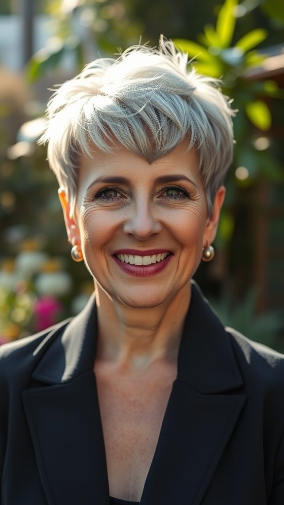 A woman with a razored pixie hairstyle and a textured crown, smiling confidently.