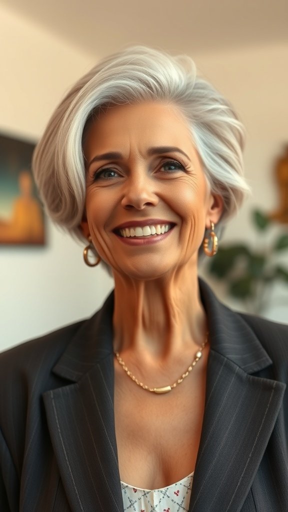 A woman with retro waves and a side part, smiling confidently.