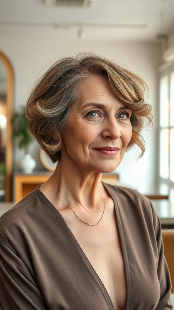 A woman over 60 with retro waves and a side part, showcasing a stylish hairstyle for thin hair.