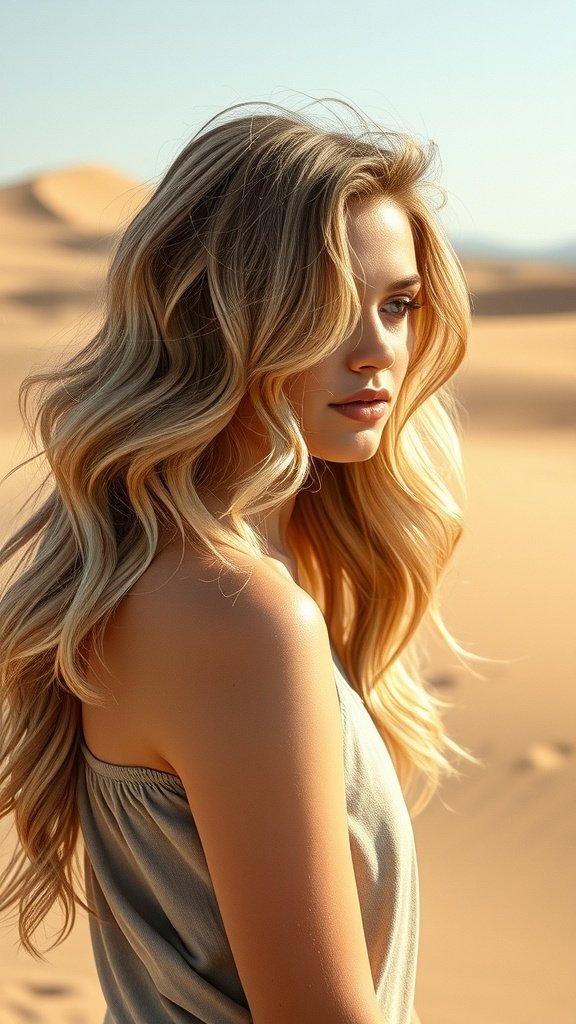 A model with long, wavy sand dune blonde hair standing in a desert landscape.