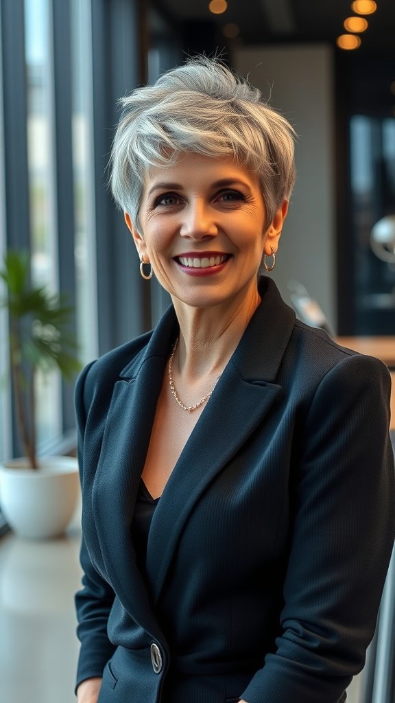 A woman with a shaggy pixie hairstyle and elongated front, smiling confidently in a modern setting.