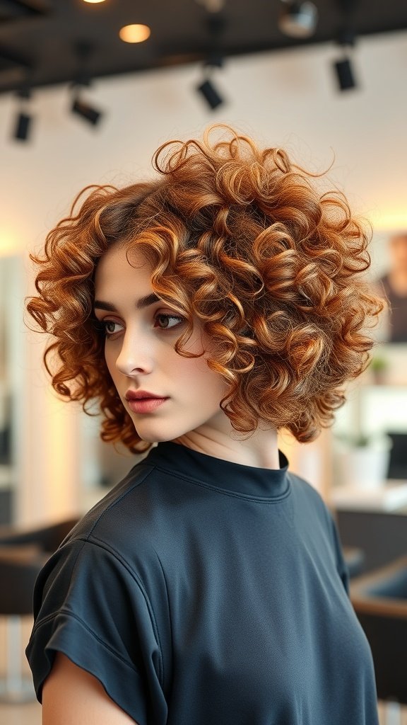 A woman with a short curly angled bob hairstyle, showcasing bouncy curls and a modern cut.