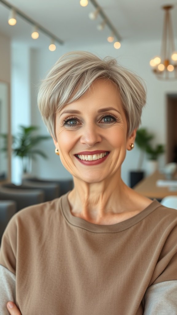 A smiling woman with a short layered pixie haircut in ash blonde, wearing a casual outfit in a modern salon setting.