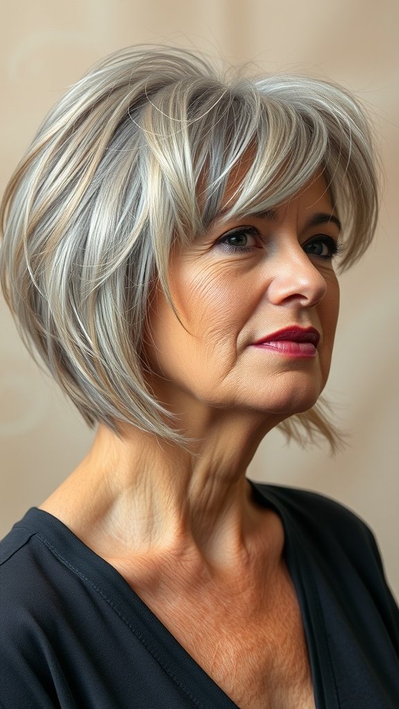 A woman with short layered shag hairstyle and wispy bangs, showcasing a chic and flattering look for fine hair.