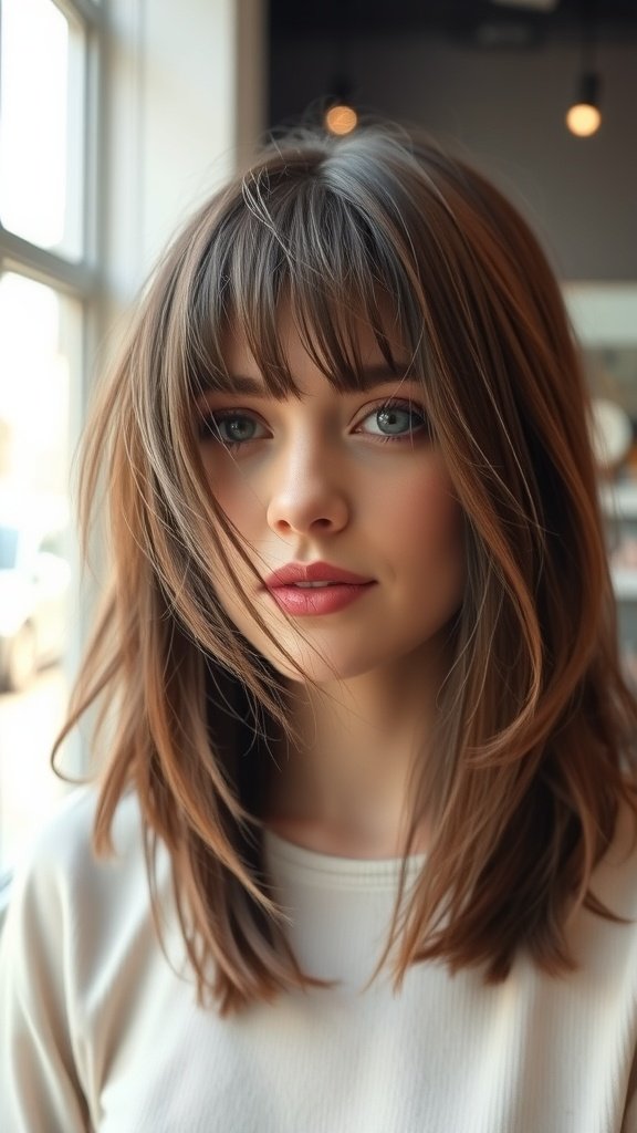 A woman with a sleek medium haircut and peek-a-boo bangs, looking stylish and confident.