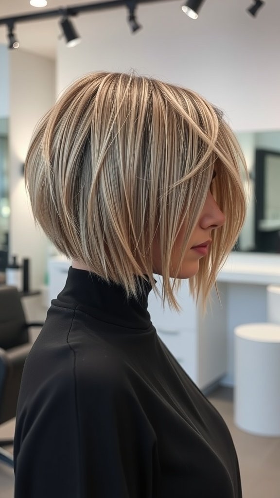 A woman with a smoky blonde angular bob hairstyle, featuring dark roots, styled in a modern salon.