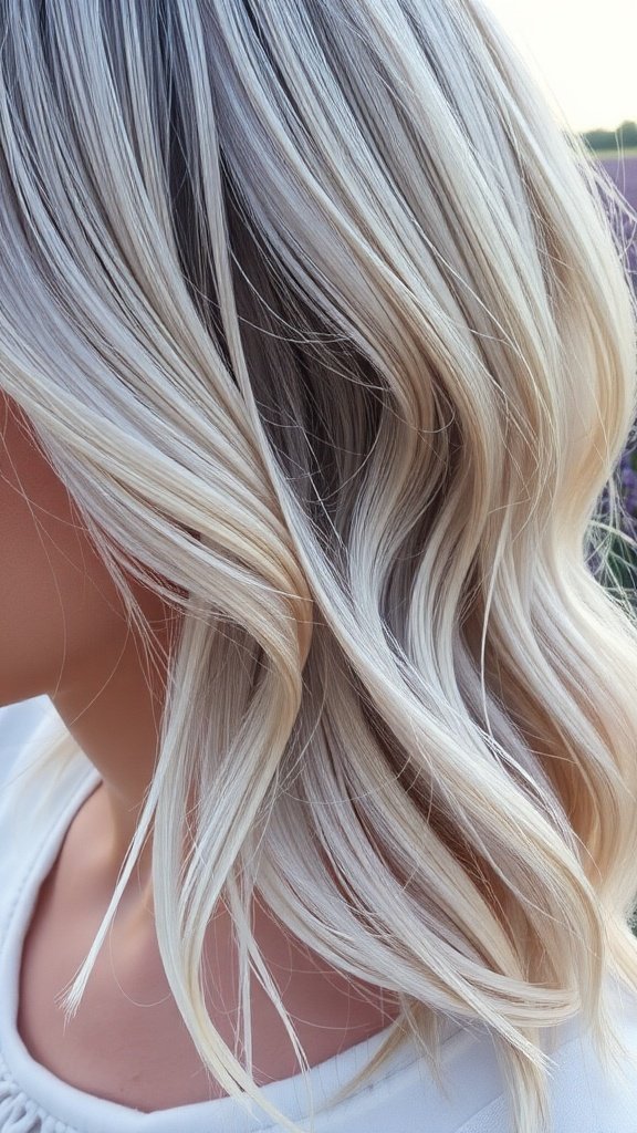 A close-up of wavy silver hair with soft lavender highlights.