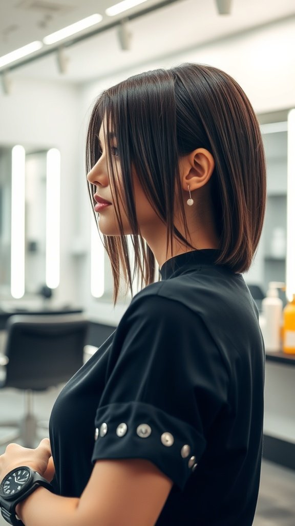 A woman with straight hair styled in a bob with a hidden undercut, showcasing a modern and chic look.